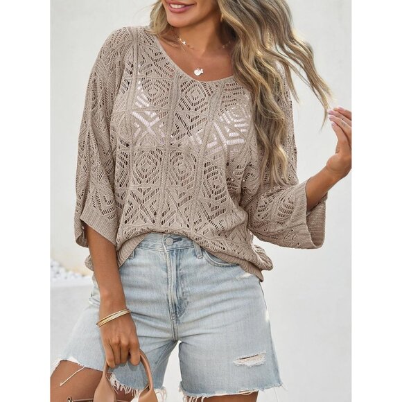 Women's Crocheted Mesh Cover Up Top Summer 3/4 Sleeve Off Shoulder Wahte - Picture 3 of 5